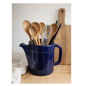 Cobalt Blue Ceramic Coffee Pot Pitcher – Mid Century Style Utensil Crock, Rustic